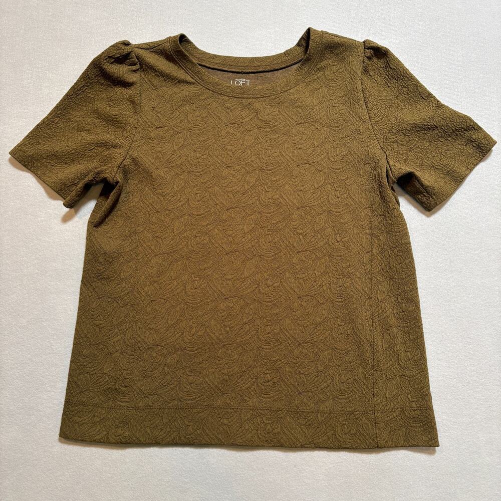 LOFT Brown Textured Jacquard Short Puff Sleeve Top Blouse Crew Neck Womens LG